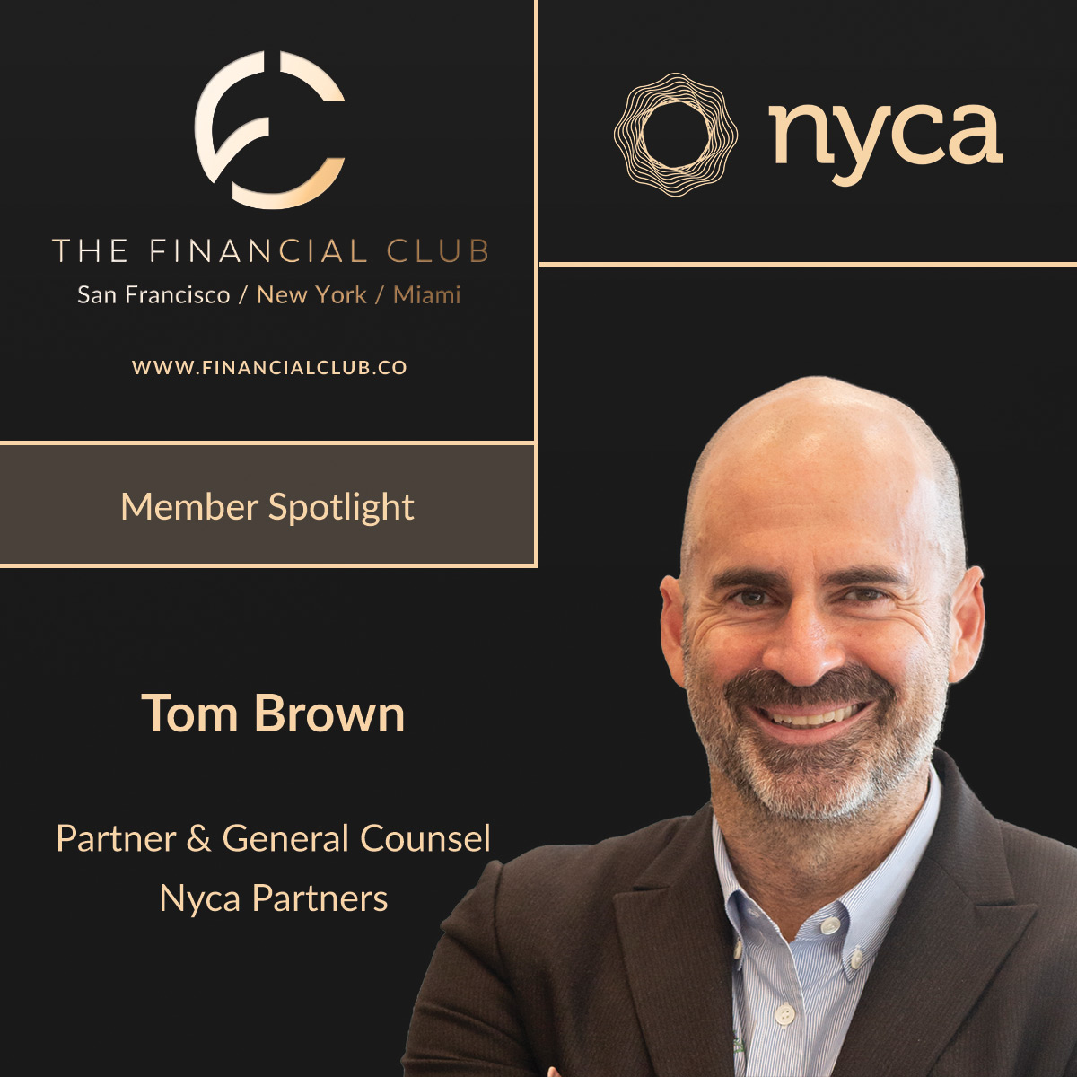FinancialClubUS's tweet photo. Member Spotlight: @tpbrown5, Partner &amp; General Counsel, @nyca.

Tom spent twenty-five years as an attorney and angel investor in the FinTech space. 
Catch Tom at the Financial Club gatherings in SF &amp; NYC -> https://t.co/lyXDJFfKSi https://t.co/Qvv8iARoM7