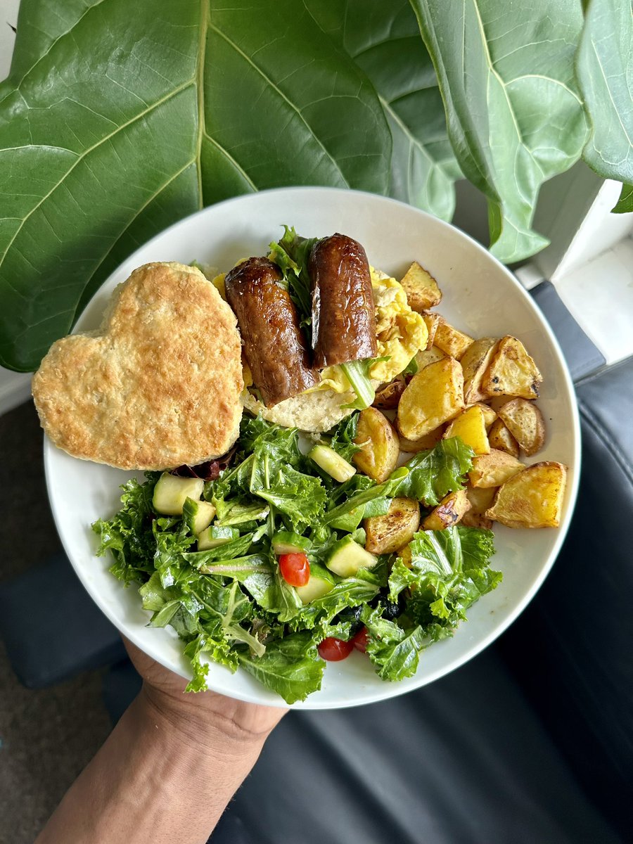 vegan sausage, “egg” &amp; biscuit sandwich with kale salad, and potatoes for brunch today :)