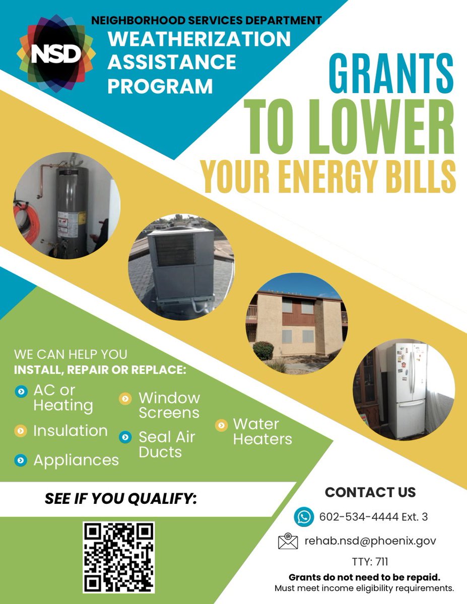 PHXdistrict8's tweet image. Want a lower energy bill⚡️🔋?

Apply for the #WeatherizationAssistanceProgram!

@PHXNeighborhood can help you install, repair, or replace:
❄️🌡️AC/Heating System
🎛️ Appliances
♨️ Water Heater
🏠 Window Screens
‼️ And MORE

Find out if you qualify: phoenix.gov/nsd/weatheriza…