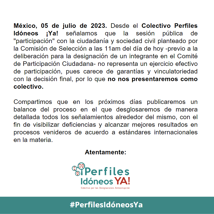 📢 Desde #PerfilesIdóneosYa manifestamos que la sesión "participativa" que se desarrolla en este momento por la <a href="/comisioncpcsna/">@ComisiónCPCSNA</a> carece de garantías y vinculación real con la decisión final. Por ello, NO estaremos presentes como colectivo. Aquí más detalles 🫵🏾