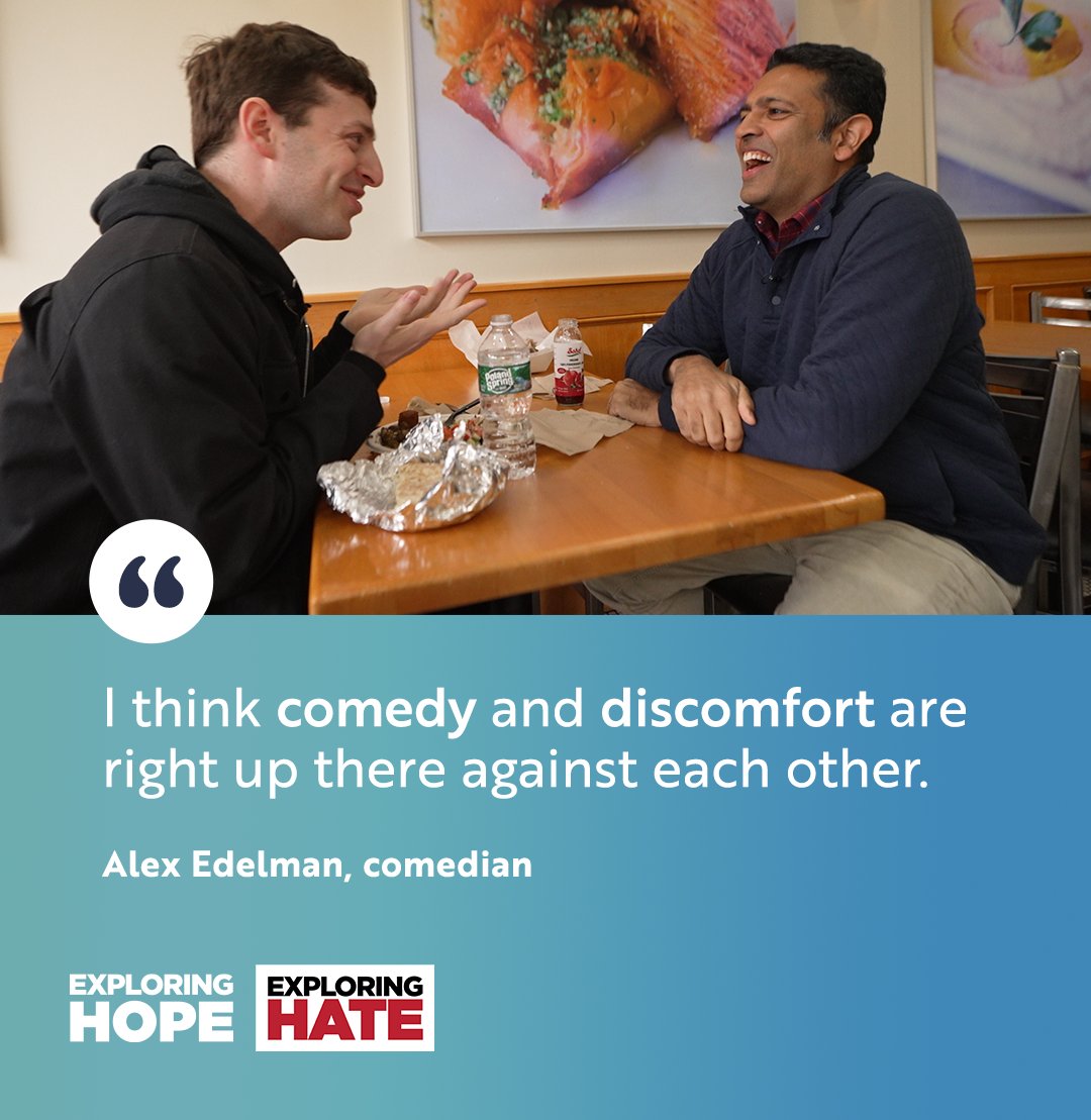 Before comedian <a href="/AlexEdelman/">Alex Edelman</a> got his own one-man show on Broadway 👏🏻 he got serious with @Hari about racism and antisemitism. He also got falafel, with a side of hope.
Full interview premieres tomorrow on “Exploring Hope” from <a href="/ExploringHate/">Exploring Hate</a> bit.ly/3XfSbIE