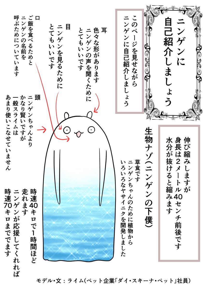 3話目でライムさんが読んでいた「人間との暮らし方」1ページ目と2ページ目。ライムさん達の学名は生物ナゾ(今決めた)
#異世界に行ったら謎の生物に可愛がられた話 