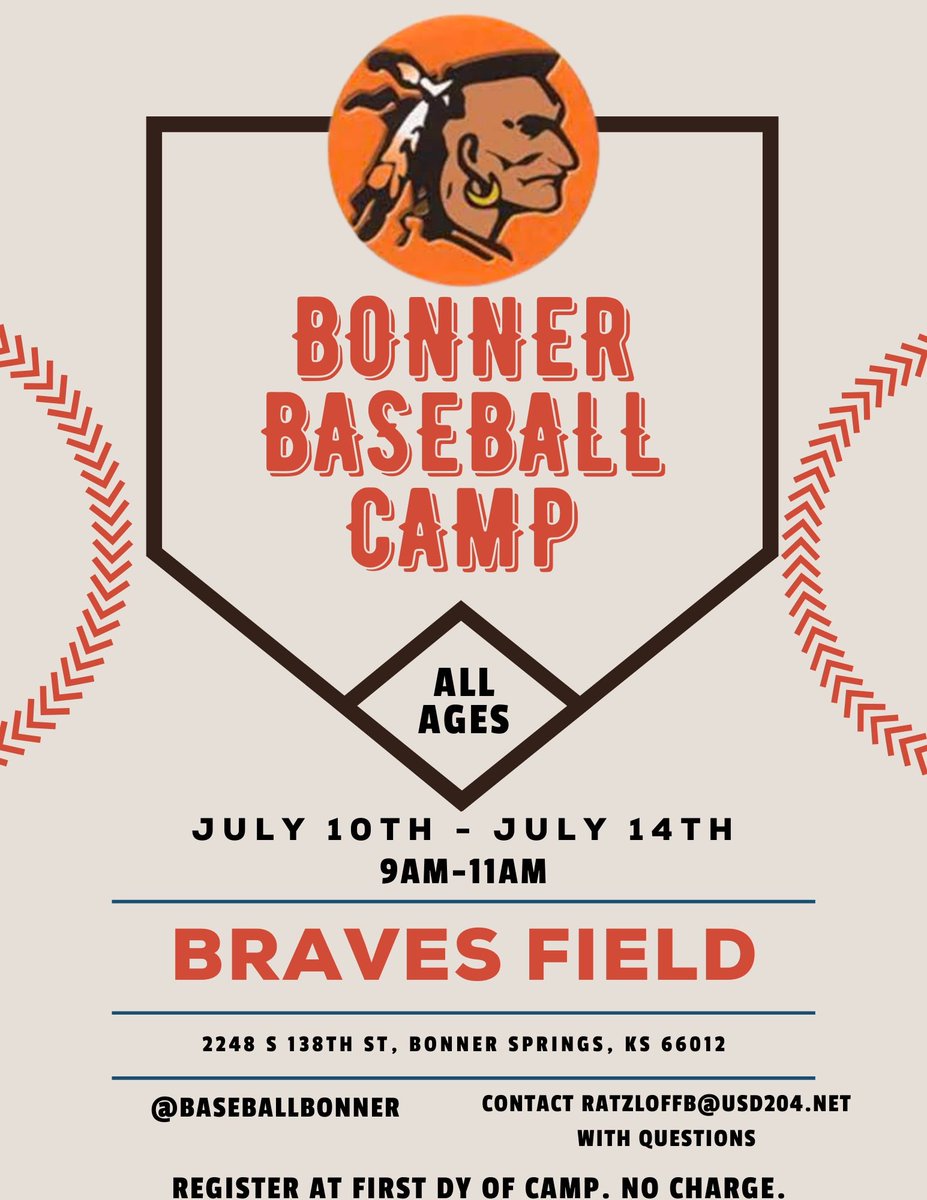 All Ages Bonner Baseball Camp! July 10th through 14th from 9:00 AM to 11:00 AM. See you there!