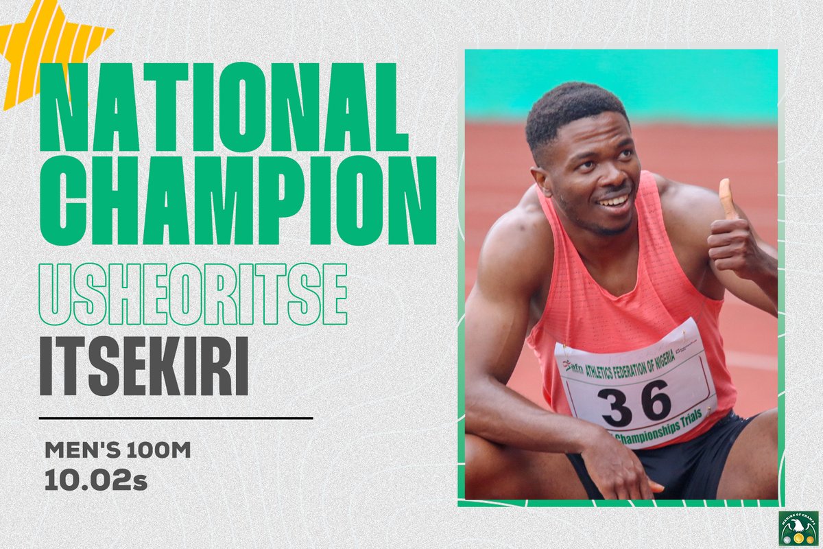 New Nigerian men's 100m champion👏👏

For the second time this season, Usheoritse 'Dushos' Itsekiri has now equalled his 100m PB, running a solid 1⃣0⃣.0⃣2⃣s to claim his 2nd National title!

Itsekiri held firm, and pulled away a clear winner over Seye Ogunlewe &amp; Favour Ashe .