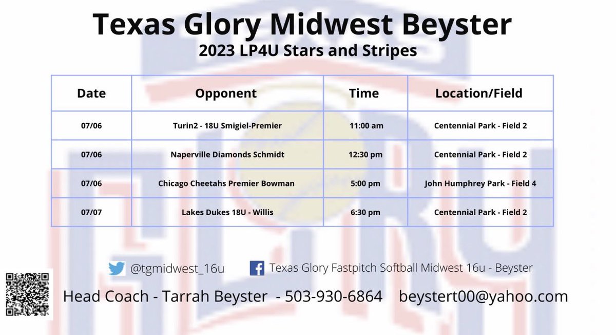 Erin Newman (@erin_newman_3) on Twitter photo Come watch us play this weekend in Illinois at the LP4U Stars and Stripes tournament!! 🚗💨🥎
<a href="/tgmidwest_16u/">Texas Glory Midwest 16u Beyster</a> <a href="/CoachBeyster/">Tarrah Beyster</a> <a href="/GVSUSoftball/">GVSU Softball</a> Come watch us play this weekend in Illinois at the LP4U Stars and Stripes tournament!! 🚗💨🥎
<a href="/tgmidwest_16u/">Texas Glory Midwest 16u Beyster</a> <a href="/CoachBeyster/">Tarrah Beyster</a> <a href="/GVSUSoftball/">GVSU Softball</a>