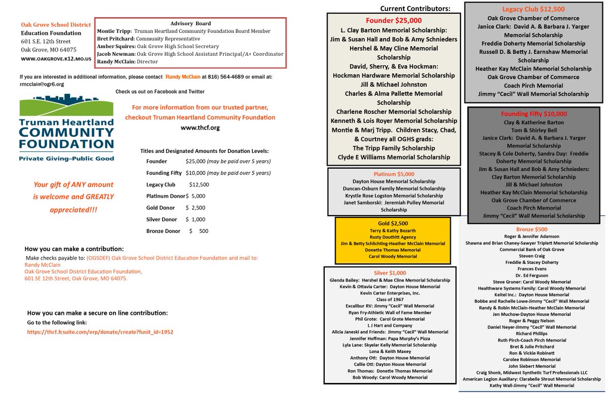 OGSDEF's tweet photo. Thank you to OGHS Class of 1968 grad Terry Bozarth and retired OG Primary Teacher wife Kathy for their very generous recent contributions.  Thank you to ALL contributors!!! Here's an updated contribution list. https://t.co/17rmvLSIJJ