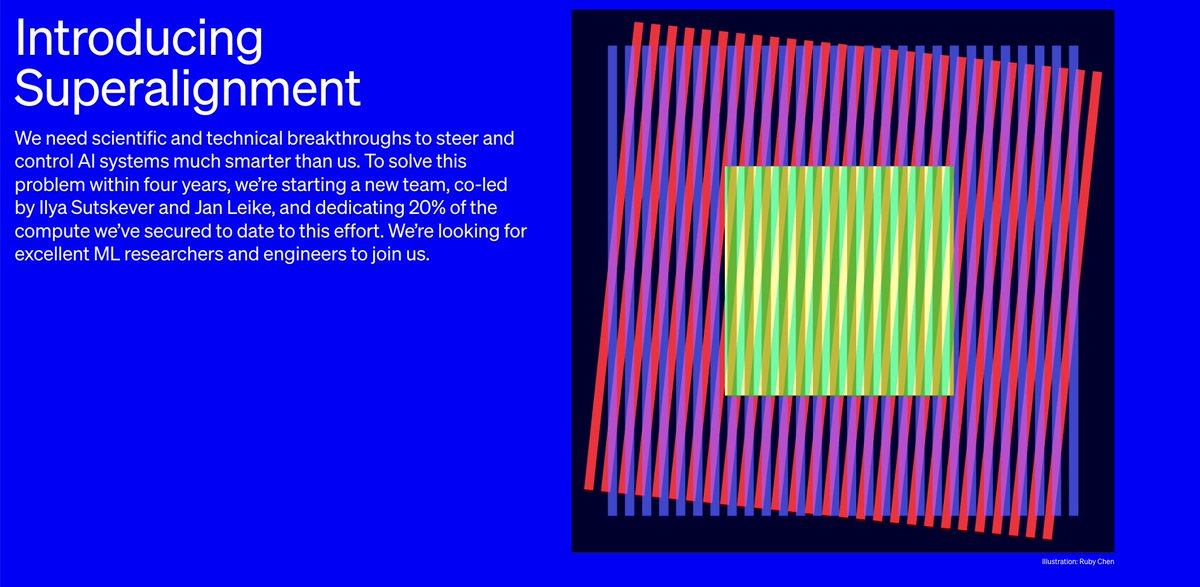 Introducing Superalignment by Open AI

blog: openai.com/blog/introduci…

Our goal is to build a roughly human-level automated alignment researcher. We can then use vast amounts of compute to scale our efforts, and iteratively align superintelligence.

To align the first automated
