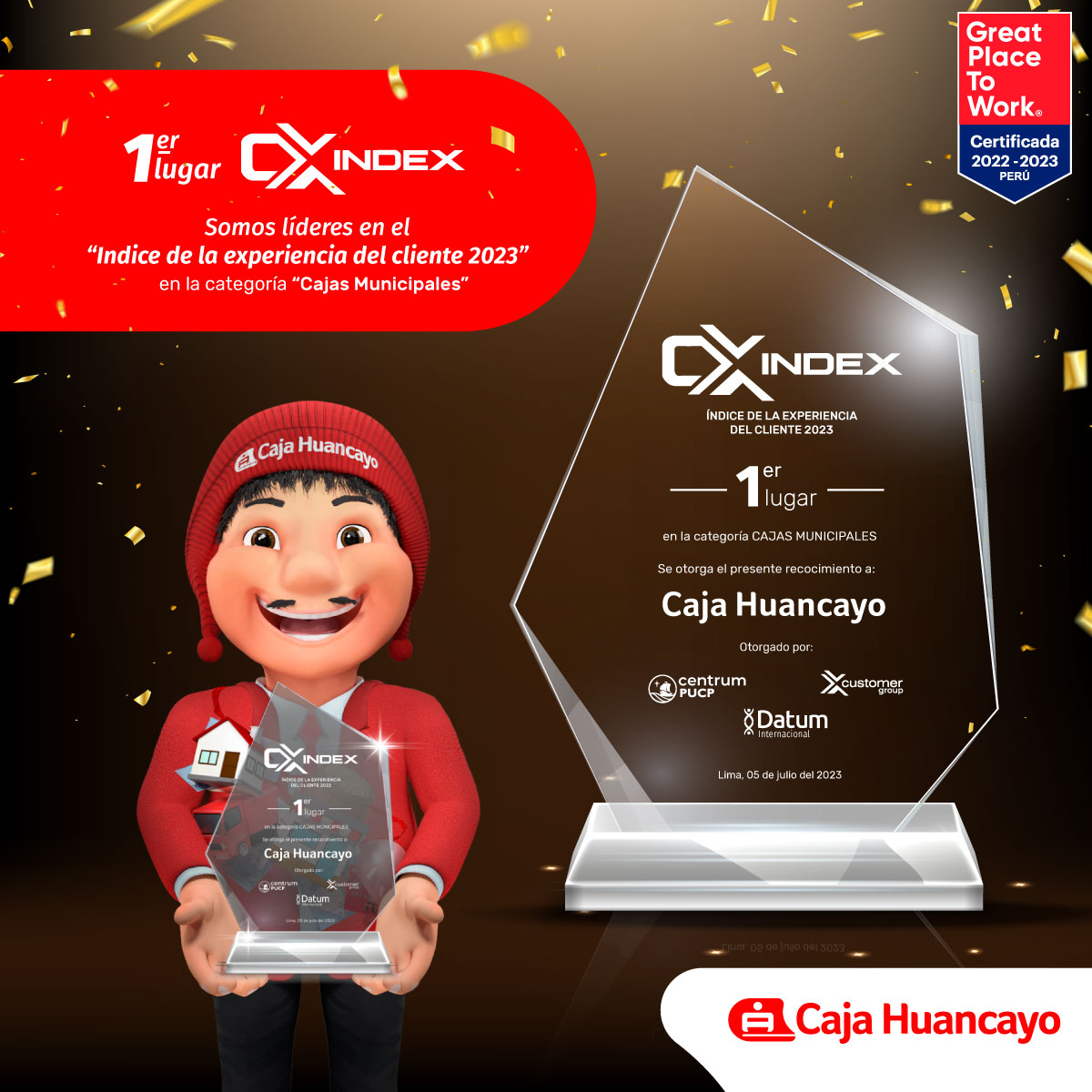 cajahuancayo's tweet image. 1er lugar en los premios CXINDEX! 🎉🏆

El #CXIndex, es un índice que permite comparar empresas de diferentes sectores, en base a la experiencia de los clientes, integrando dos metodologías como el digital listening, y encuestas en 4 dimensiones: Marca, Producto, Servicio y…