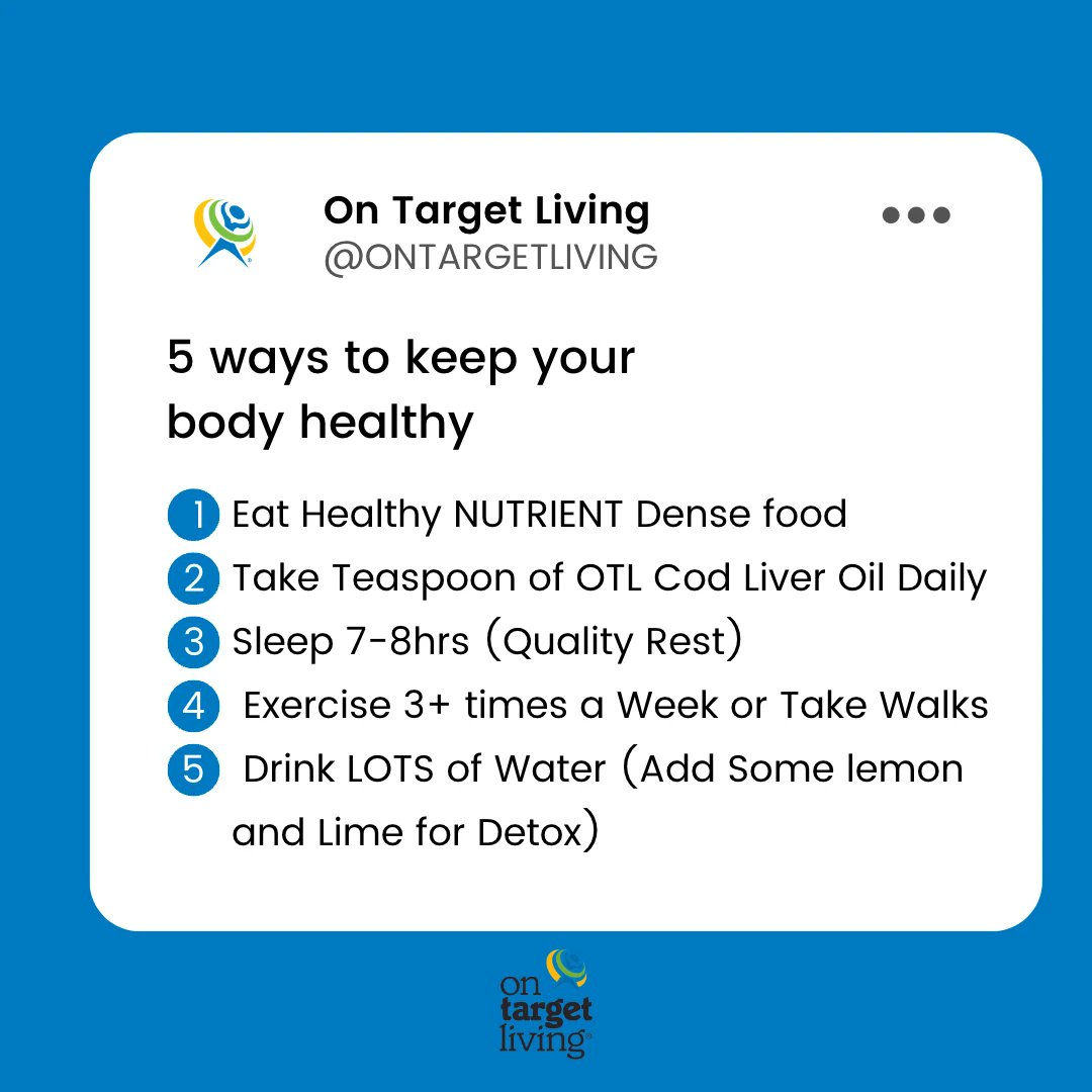 OnTargetLiving's tweet photo. 5 Ways to Keep Your Body Healthy and Optimized! Like and Follow for more tips!

#health #body #sleep #healthadvice #healthbrand https://t.co/KR1Y5e9ALf