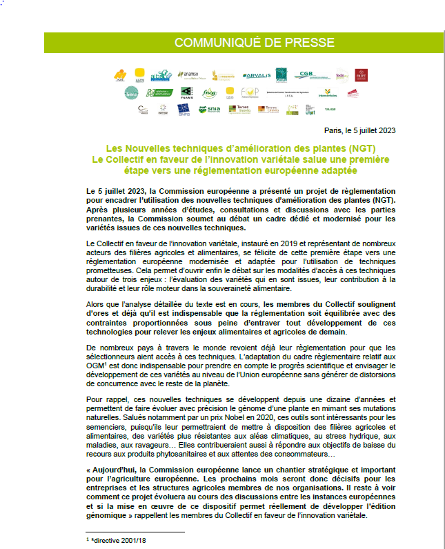 [#CP] 📢Nouvelles techniques d’amélioration des plantes (NGT), le Collectif en faveur de l’innovation variétale salue une première étape vers une réglementation européenne adaptée.