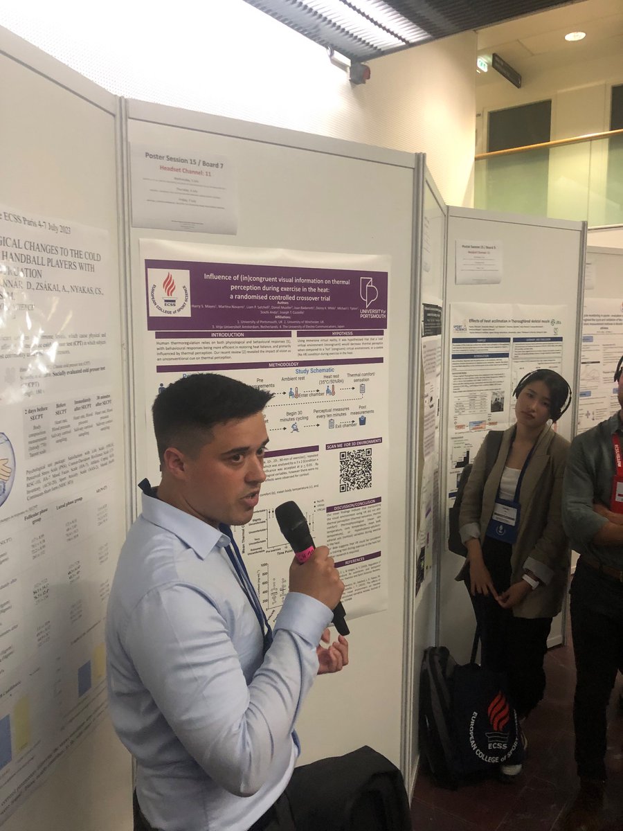 JoeCostelloPhD's tweet photo. Great work by @H_S_Mayes  from @UoPSportScience @ExtEnvLab_UoP presenting his work on #VR #thermoregulation and #perception at the #ECSS2023 @E_C_S_S https://t.co/M1vy4LBgnW