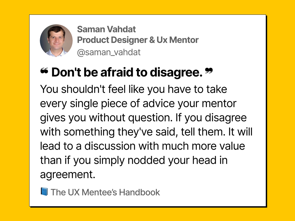 samyuxd's tweet photo. One of the most important skills for a UX designer is to be able to communicate effectively and respectfully with different stakeholders, including your mentor.
ππ : https://t.co/u1JIxHENNW
#UXdesign #UXmentor #UXfeedback #ux #UXcommunication #UXtips #UXlearning https://t.co/RhxdrCvD7i