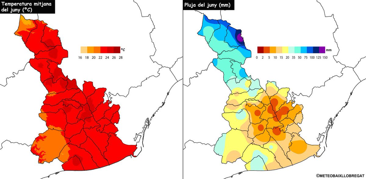 LAMETEODELBAIX's tweet photo. 🌡☔️ Temperatura mitjana i precipitació acumulada del mes de juny al #BaixLlobregat. Molt càlid i generalment sec. Molt plujós a l'extrem nord-est. @AlanAlguacil @MeteoSAB @manusponja @Meteocastellvi @Meteovallirana @meteocornella @InfoMeteoPrat @meteoecovisual @MiguelVillaFoc https://t.co/LcKouH3lh0