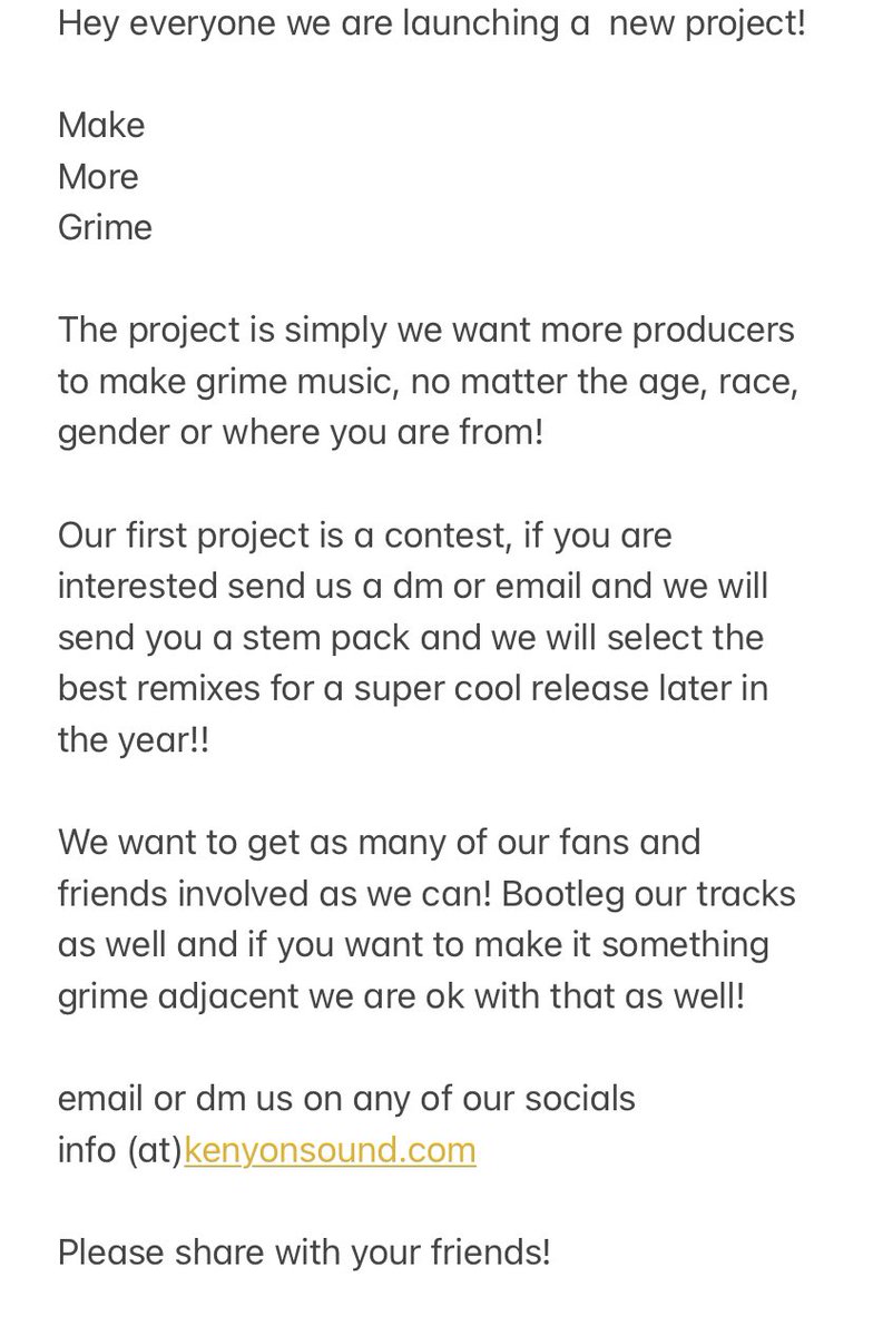 kenyonsound's tweet photo. We are launching a brand new project 

Make 
More 
Grime 

Read the info sheet below and hit us up if you have any questions 

Due date is August 25th! 

Dm for the stem pack https://t.co/OzfhHJ2rMI