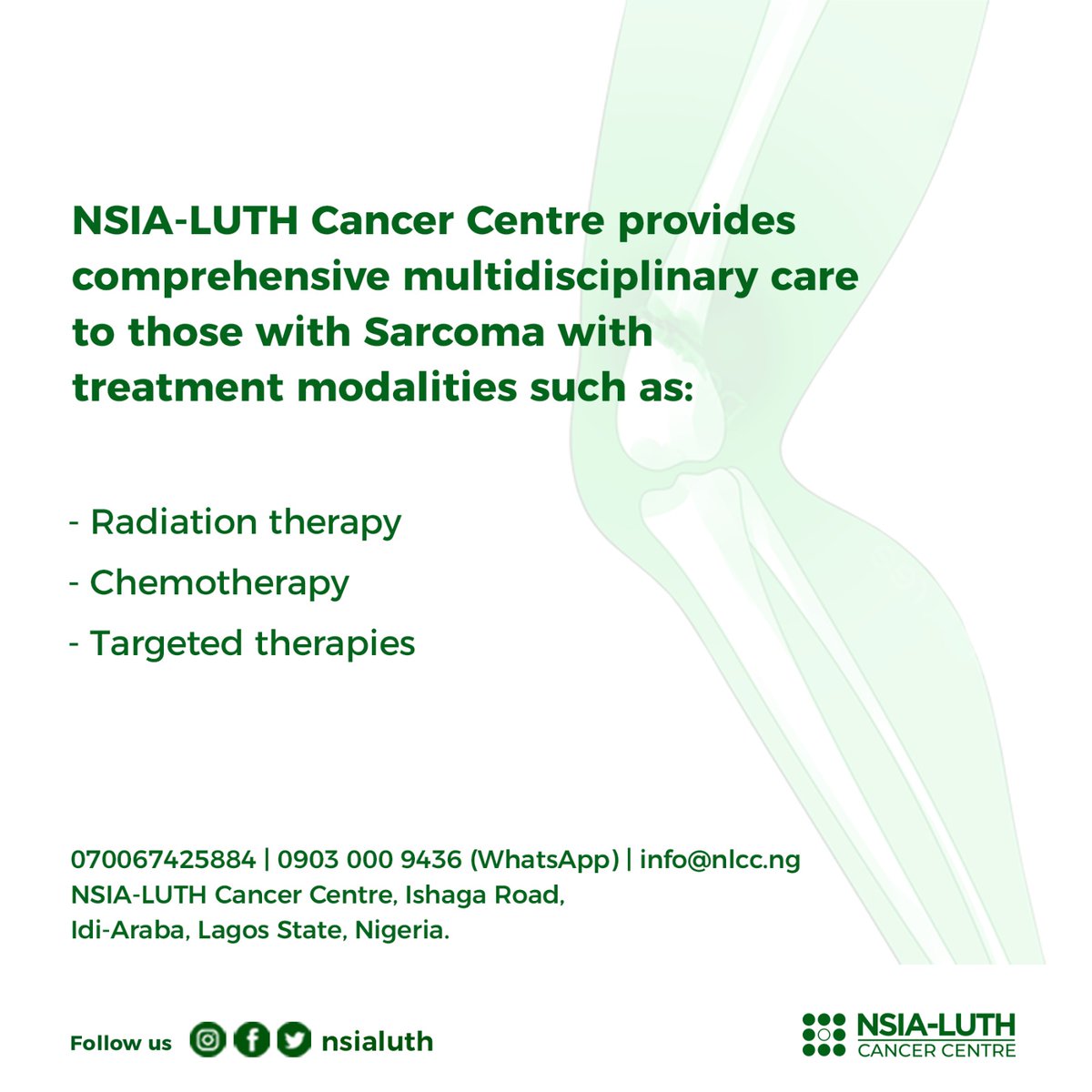 NSIA-LUTH Cancer Centre is equipped to provide comprehensive care and support. Our multidisciplinary team of experts offers state-of-the-art treatment modalities such as Radiation therapy, Chemotherapy, and Targeted therapies. 
#SarcomaAwareness #BoneCancer #NLCC #Cancer