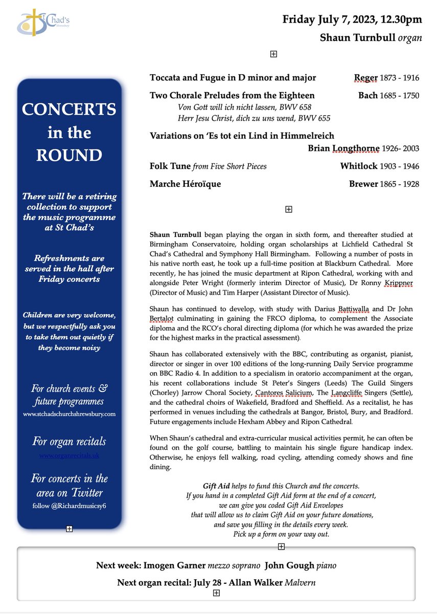 Organ recital <a href="/StChadsShrews/">St Chad's Church</a> by Shaun Turnbull of <a href="/riponcathedral/">Ripon Cathedral</a> Friday 7th at 12.30pm.  Free + lunch after.