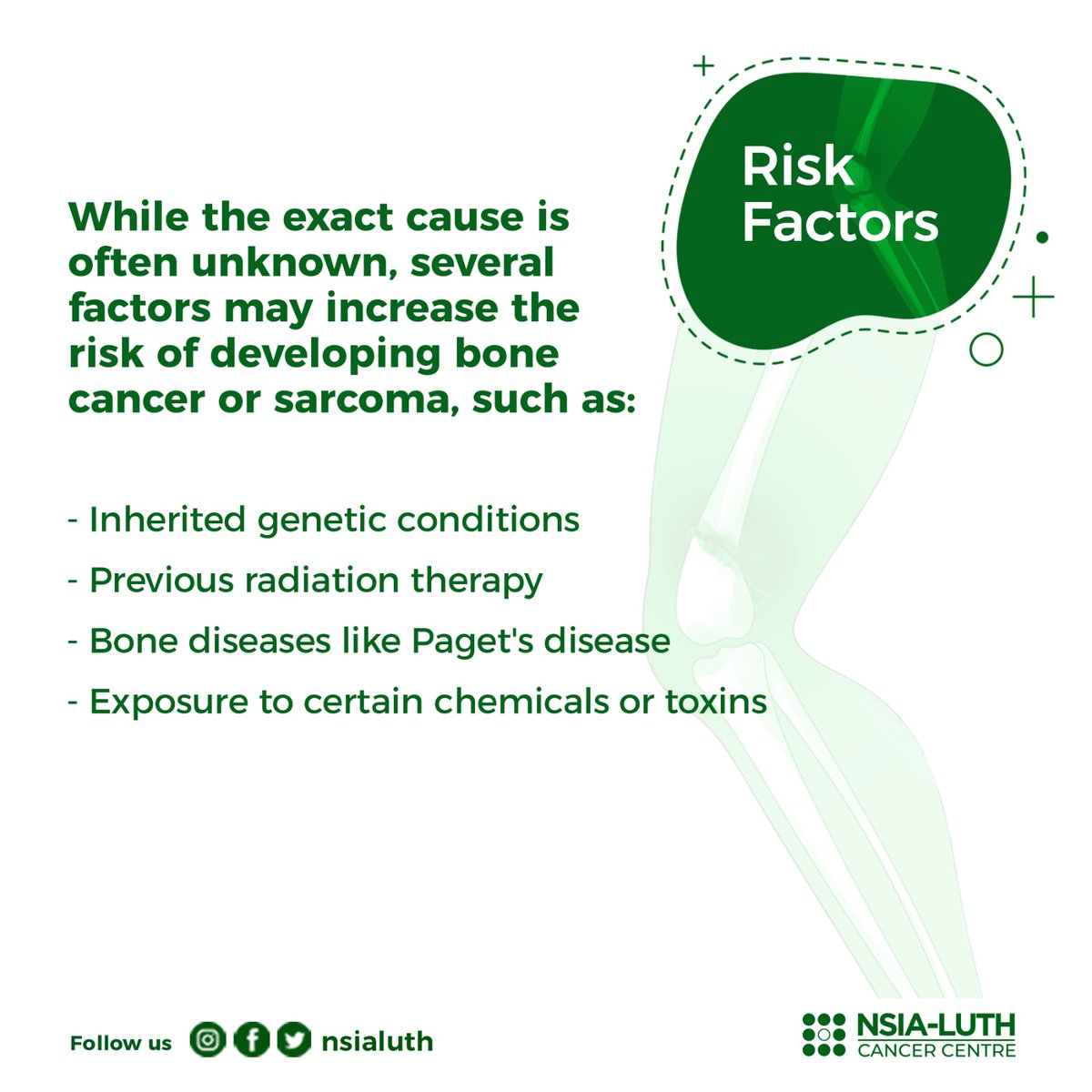 Risk factors include inherited genetic conditions, previous radiation therapy, bone diseases like Paget's disease, and exposure to certain chemicals or toxins.
#SarcomaAwareness #BoneCancerAwareness #NLCC #CancerCentre #SupportAndFight #CancerAwareness