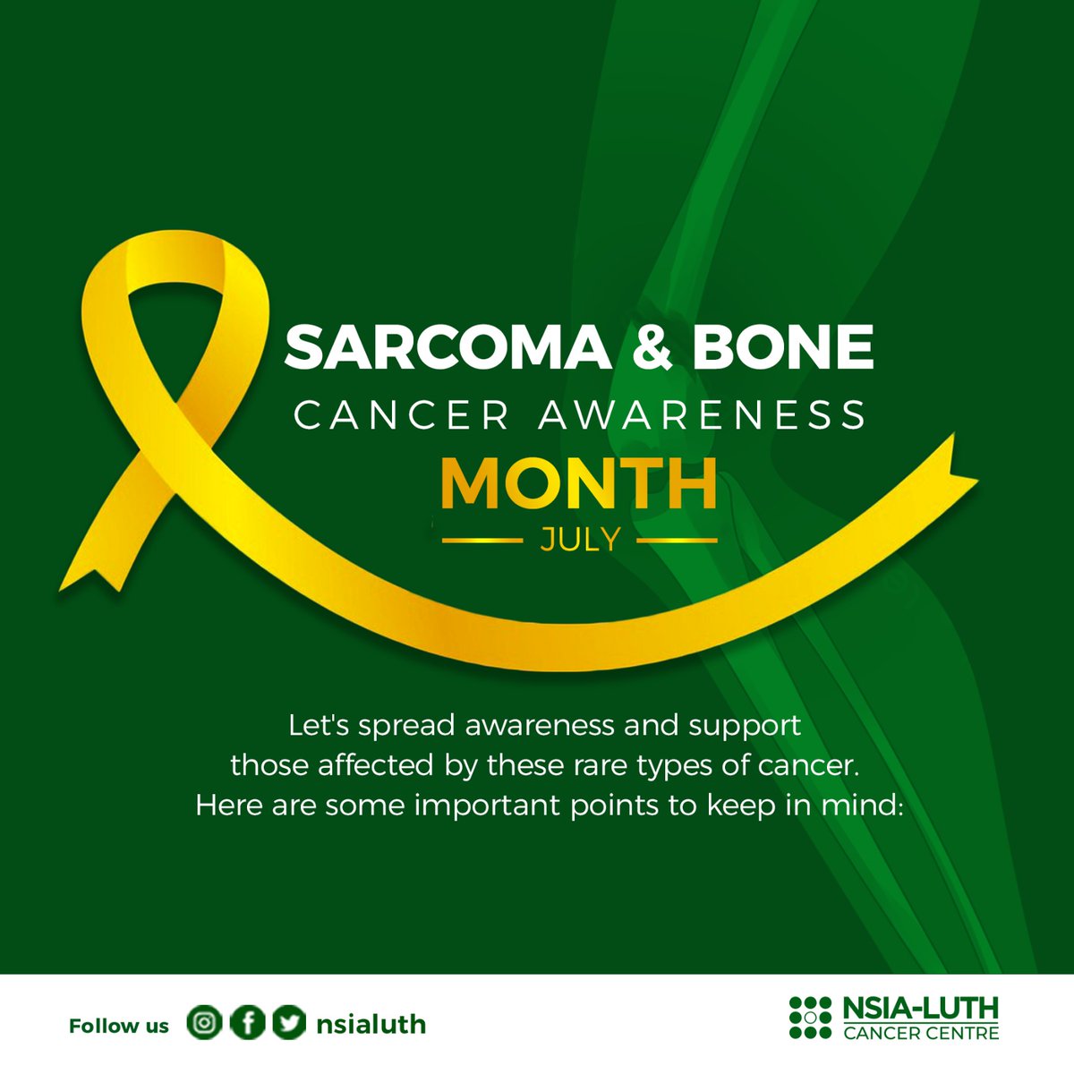 July is Sarcoma and Bone Cancer Awareness Month!
Let's spread awareness and support those affected by these rare types of cancer. 

#SarcomaAwareness #BoneCancerAwareness #NLCC #CancerCentre #SupportAndFight #CancerAwareness