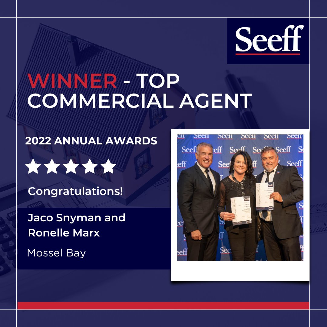 A huge round of applause for Jaco Snyman and Ronelle Marx from our Mossel Bay branch, who clinched the title of Top Commercial Agent 🏆 Their outstanding dedication and expertise have truly set the bar high in the commercial property sector.

#teamappreciation #seeffproperties