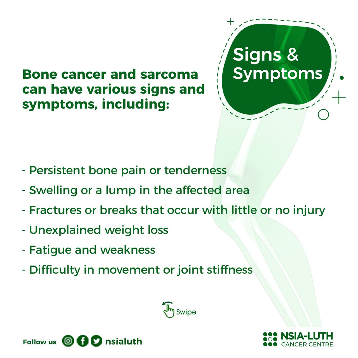 Some Signs and Symptoms of Sarcoma include persistent bone pain or tenderness, swelling or a lump, fractures or breaks that occur with little or no injury, unexplained weight loss, fatigue and weakness, and difficulty in movement or joint stiffness. 
#SarcomaAwareness #BoneCancer