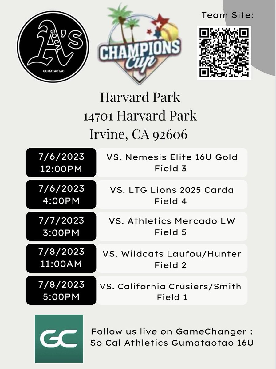 So Cal Athletics Gumataotao (@scas_gumataotao) on Twitter photo Champions Cup starts tomorrow in Irvine, CA! Watch us live on GameChanger - So Cal Athletics Gumataotao 16u. <a href="/CoachKiSoCalAs/">Kiana Gumataotao</a> <a href="/CoachAmanda03/">Coach Amanda</a> <a href="/D1Softball/">D1Softball</a> <a href="/CoastRecruits/">Coast 2 Coast Recruits</a> <a href="/USASoftball/">USA Softball</a> Champions Cup starts tomorrow in Irvine, CA! Watch us live on GameChanger - So Cal Athletics Gumataotao 16u. <a href="/CoachKiSoCalAs/">Kiana Gumataotao</a> <a href="/CoachAmanda03/">Coach Amanda</a> <a href="/D1Softball/">D1Softball</a> <a href="/CoastRecruits/">Coast 2 Coast Recruits</a> <a href="/USASoftball/">USA Softball</a>