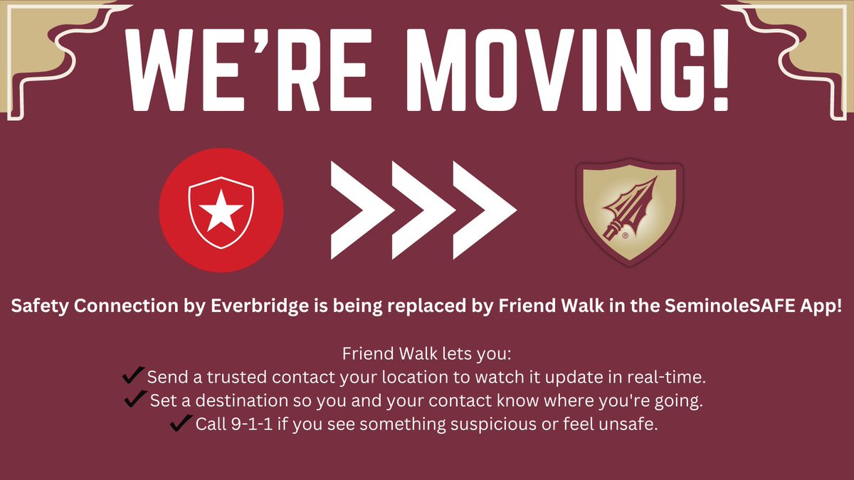 KeepFSUSafe's tweet photo. 📢 We're moving from Safety Connection to Friend Walk!

Friend Walk is a free service in the SeminoleSAFE app where you can temporarily share your location with a friend and easily call 9-1-1 if you feel unsafe.

📲 Download the app for free and stay #SeminoleSAFE! https://t.co/zez1kknUW8