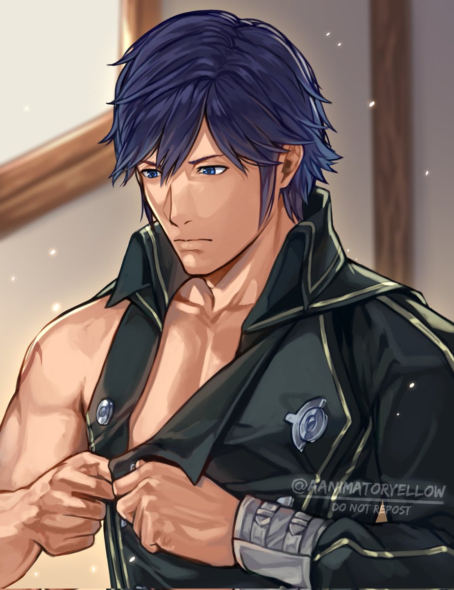 After personally asking Kozaki at AX, I can now officially confirm that Chrom's outfit is, in fact, a onesie and it opens by unbuttoning the front like this.