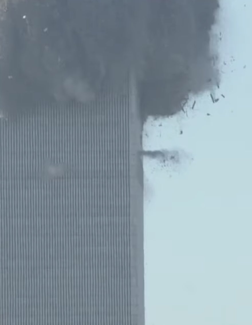 [RG911Team] As the Twin Towers imploded on 9/11, violent isolated ejections of debris were seen 10-30 stories below the “collapse zone”, in areas with ZERO damage. This is not air breaking windows. It is proof of explosions. #coverup #demolition