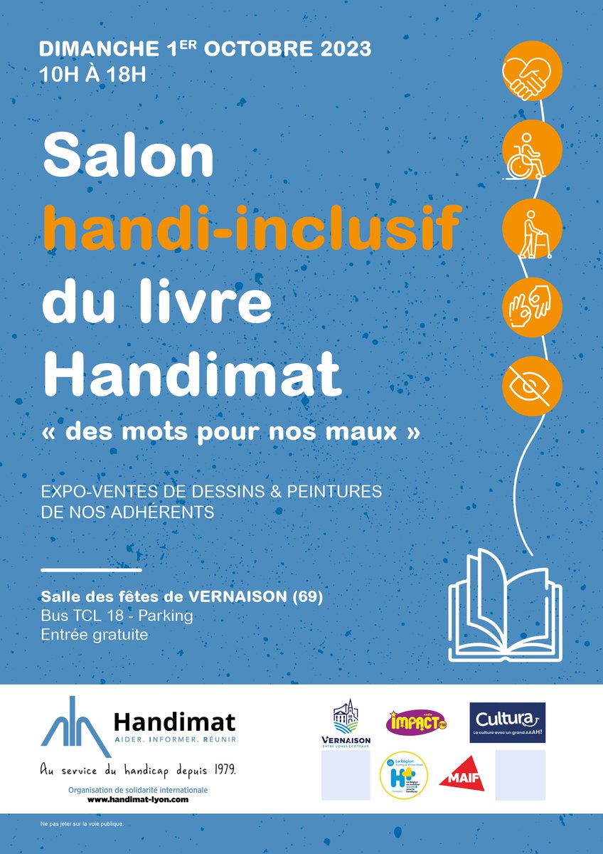 HANDIMAT69's tweet photo. Merci à la Mairie de Vernaison pour sa collaboration bienveillante...une trentaine d'auteurs passionnés et passionnants, une liaison Lyon-Vernaison sera assurée en transport adapté, avec  un véhicule de 9 places accessible aux fauteuils électriques et des invités d'honneur... https://t.co/VB8FRlu0gI