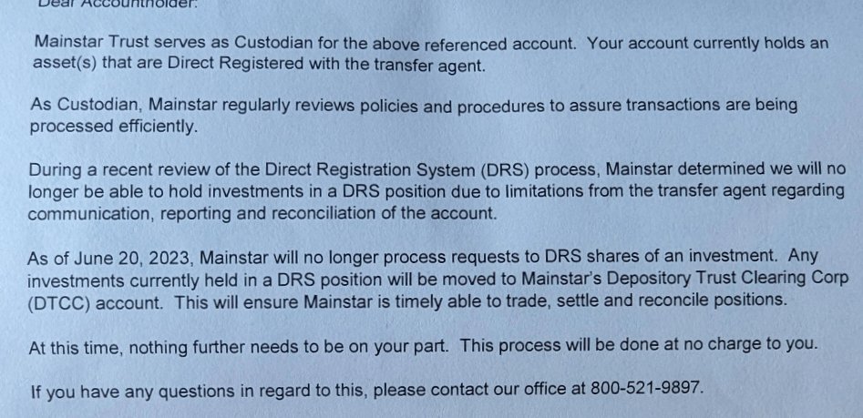 PlatnumSparkles's tweet photo. In an unprecedented move, Mainstar Trust sent letters to their DRS'd $GME holders telling them they no longer offer DRS and they're un-DRSing people's shares. Mainstar is one of the few custodians that would DRS IRA shares.
I called to get more information. 
🧵👇 https://t.co/8sqkmCHNCs