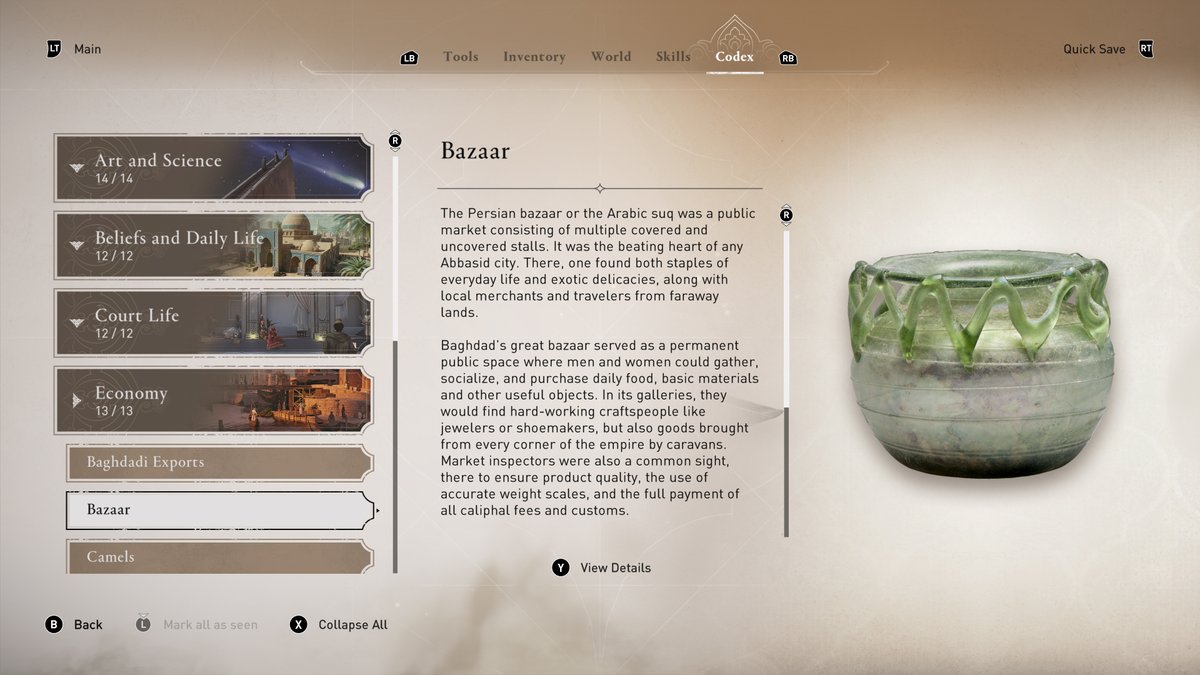 History of Baghdad is a feature that I am super proud of within #AssassinsCreedMirage and happy to see be announced. 

66 historical entries ranging from Economy, Belief &amp; Daily Life, Government, Art &amp; Sciences, to Court Life, you will find a lot to learn about life in Baghdad!