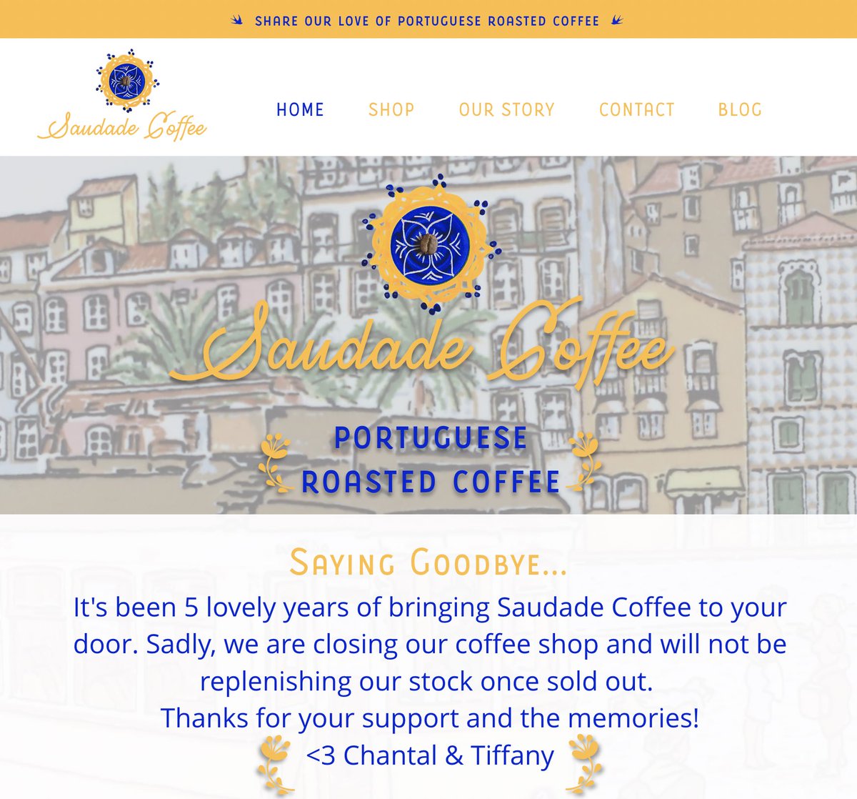SaudadeCoffee's tweet photo. ��☕️ It's been 5 lovely years of bringing Saudade Coffee to your door. Sadly, we are closing our coffee shop and will not be replenishing our stock once sold out.

Thanks for your support and the memories!
<3 Chantal &amp; Tiffany https://t.co/uOl5k1R09B