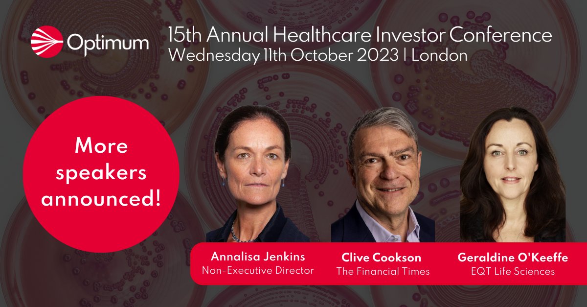💎More elite speakers announced! <a href="/annalisajenkins/">Annalisa Jenkins</a>, <a href="/clivecookson/">Clive Cookson</a> <a href="/FT/">Financial Times</a> and Geraldine O'Keeffe <a href="/eqt/">EQT Group</a> #LifeSciences all to speak this October at our crystal anniversary.  Register your interest today for Optimum's 15th Annual #Healthcare #Investor Conference! irconference.optimumcomms.com