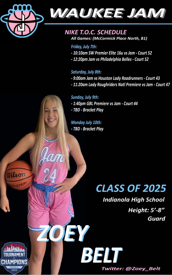 zoey belt (@zoey_belt) on Twitter photo This weekend <a href="/niketoc/">Nike Tournament of Champions</a> my team <a href="/gbb_jam/">WaukeeJamGBB</a> will be playing! There’s our schedule below! This weekend <a href="/niketoc/">Nike Tournament of Champions</a> my team <a href="/gbb_jam/">WaukeeJamGBB</a> will be playing! There’s our schedule below!