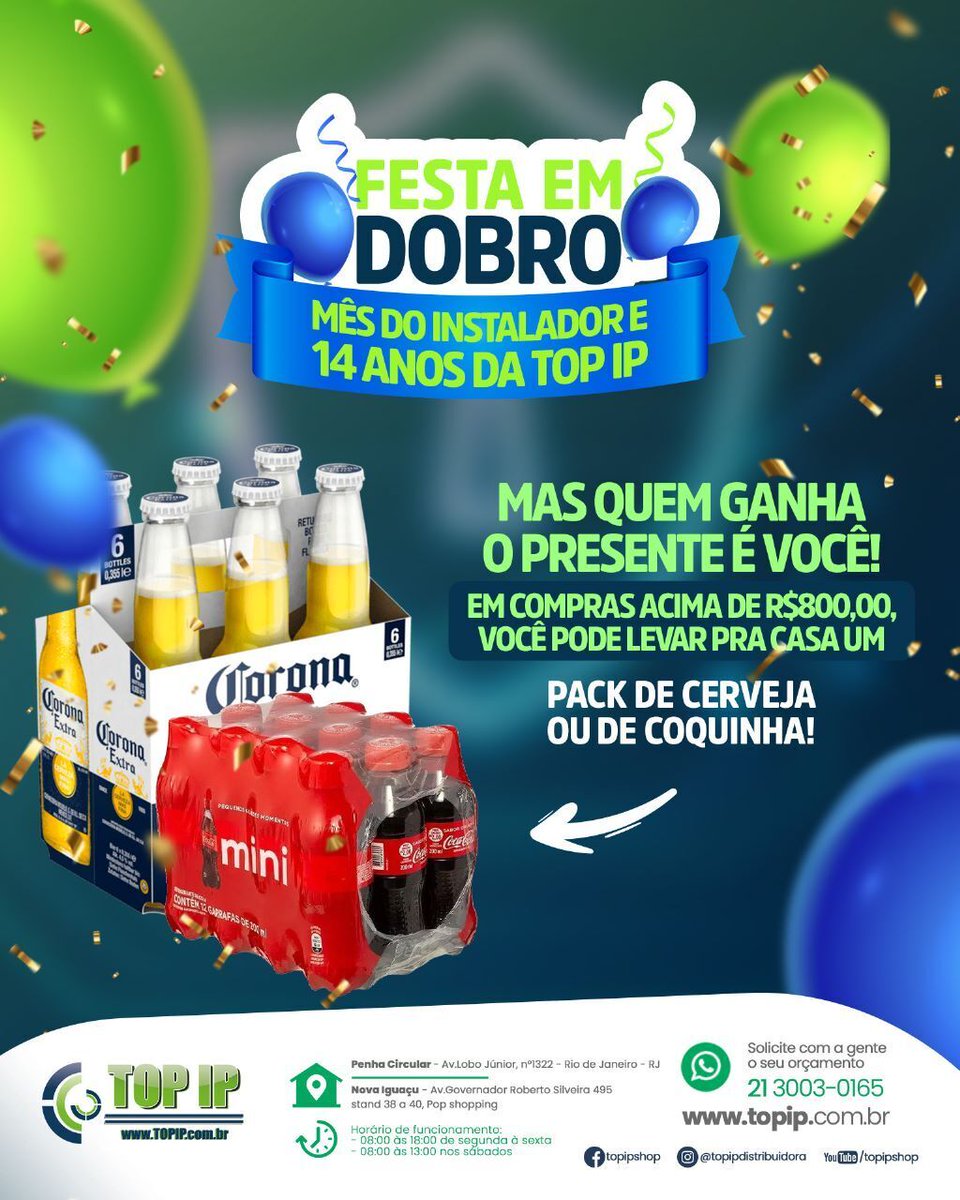 topipdistribuid's tweet photo. A TOP IP está completando 14 anos de sucesso e é hora de comemorar em grande estilo! 🎉

Nas compras acima de R$800,00, você leva para casa um pack de Corona ou de coquinhas para levar para casa! 

É a nossa forma de agradecer por fazer parte dessa jornada conosco. 💚 https://t.co/egN9qCYwkP