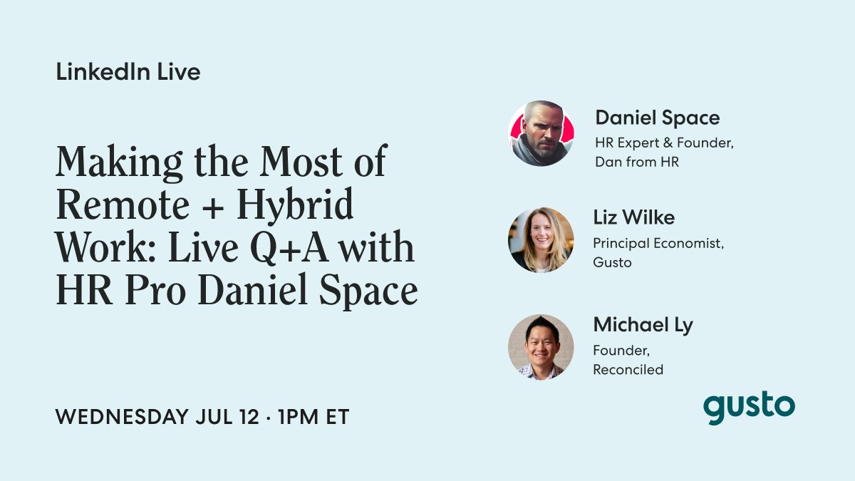 🤔 How do you build high-performing #remote + #hybrid teams? Get insider tips for remote + hybrid success by joining us July 12 for a LinkedIn Live feat. @hr_dan, joined by: • Gusto economist Liz Wilke • @getreconciled CEO @michael_ly_ RSVP here: linkedin.com/events/makingt…
