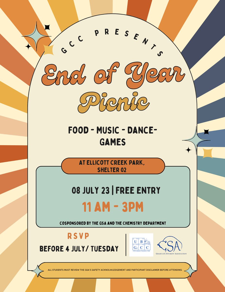 The GCC is hosting an End of Year Picnic on Saturday July 8th from 11 am - 3 pm at Ellicott Creek Park Shelter 2. Join your fellow Graduate Students to celebrate the end of the year with food, music, and games (you can bring favorites too!). RSVP here:  forms.gle/Td7CToKu4rYVGV…
