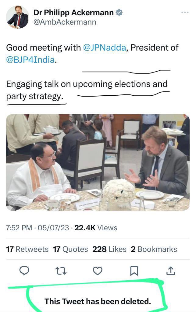 vijaythottathil's tweet photo. Below are the two tweets of German ambassador to India who was forced to delete the first tweet after that was highlighted by @INCKerala team❗️
First question is what was @JPNadda discussing Election strategy with German Ambassador���️

Was it another plan like 𝐏𝐞𝐠𝐚𝐬𝐮𝐬❓

⛔️Why ambassador was 𝐟𝐨𝐫𝐜𝐞𝐝 𝐭𝐨 𝐝𝐞𝐥𝐞𝐭𝐞 𝐭𝐡𝐞 𝐭𝐰𝐞𝐞𝐭 which said “upcoming election & party’s strategy❓