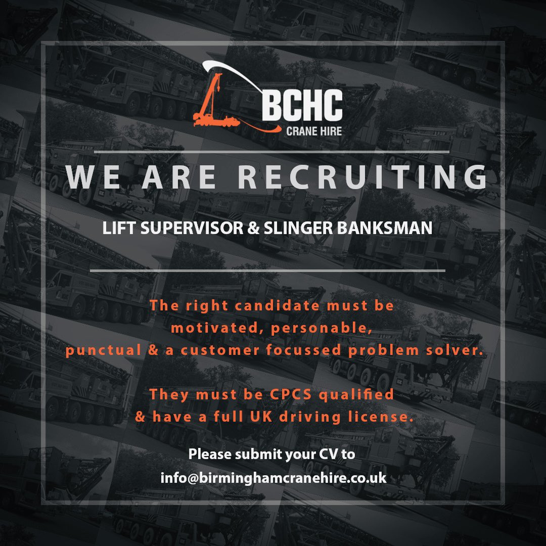 We are recruiting! Lift Supervisor & Slinger Banksman Required! Applicants please submit your CV to info@birminghamcranehire.co.uk
 #cranehire #constructionrecruitment #liftsupervisor #birminghamrecruitment #craneoperator #ukengineering #contractlift #slingerbanksman #ukjobs