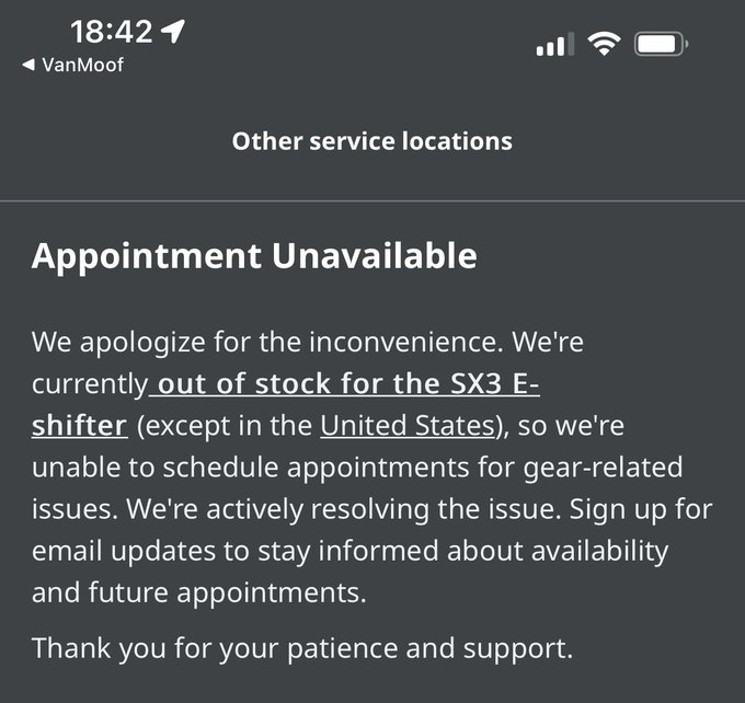 Appointment Unavailable We apologize for the inconvenience. We're currently out of stock for the SX3 E- shifter (except in the United States), so we're unable to schedule appointments for gear-related issues. We're actively resolving the issue. Sign up for email updates to stay informed about availability
and future appointments.
Thank you for your patience and support.
