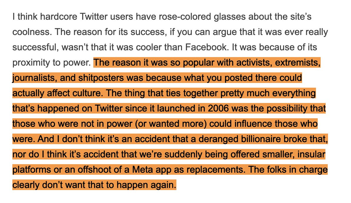 It's been over 6 months since the takeover, but @Broderick has finally nailed what's happening with Twitter in one paragraph.