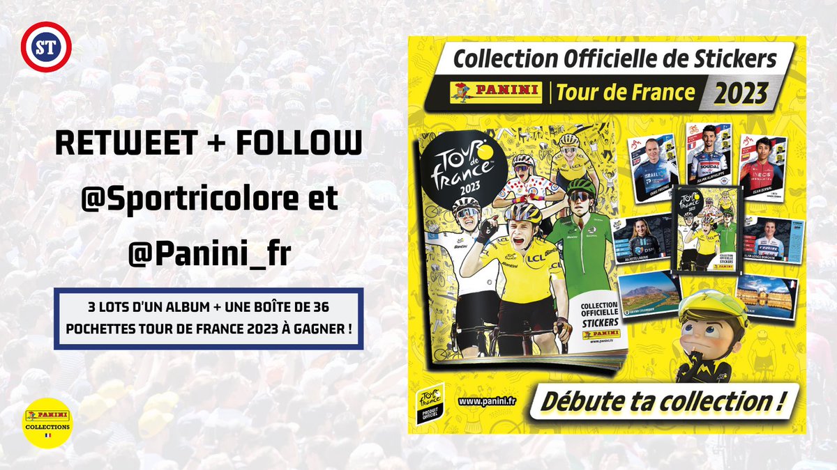 sportricolore's tweet photo. 🇫🇷 JEU CONCOURS 🚨

On vous fait gagner 3 starter pack + 36 pochettes @Panini_fr du Tour de France 2023 🎁 

RT + FOLLOW @sportricolore et @Panini_fr pour participer au concours ‼️

🍀 TAS le 13/07

#TDF2023 https://t.co/1gz51WEkfh