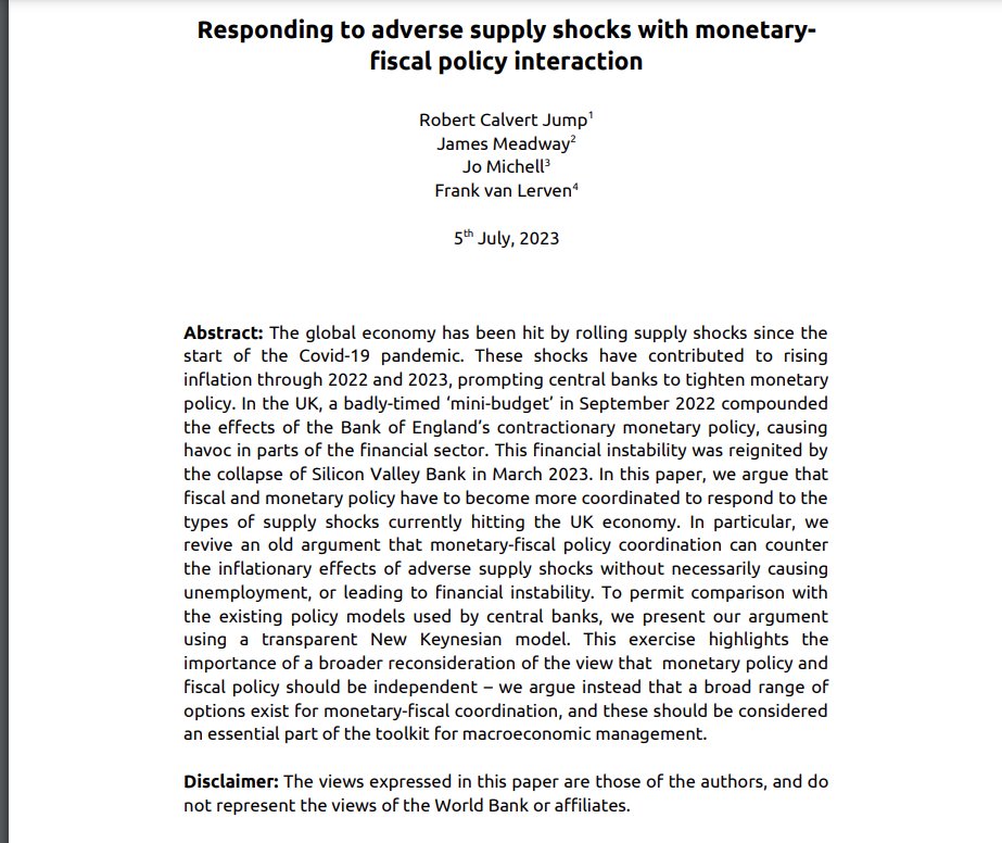 🔥New paper🔥 Central banks needn't generate unemployment (or a recession) to offset inflationary supply shocks. Monetary-fiscal coordination levers ought to be considered as macro stablization tools🧰, our results hold for NK+PK models. W/ Rob Jump, @JoMicheII and @meadwaj.