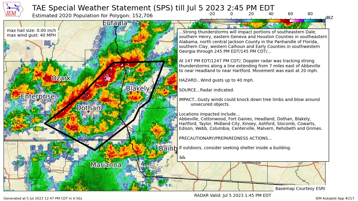 Strong thunderstorms will impact portions of southeastern Dale, southern Henry, eastern Geneva and Houston Counties in southeastern Alabama, north central Jackson County in the Panhandle of Florida, southern Clay, western Calhoun and Early Counties in... https://t.co/u07RIWrI2H https://t.co/dMRLbwIQxn