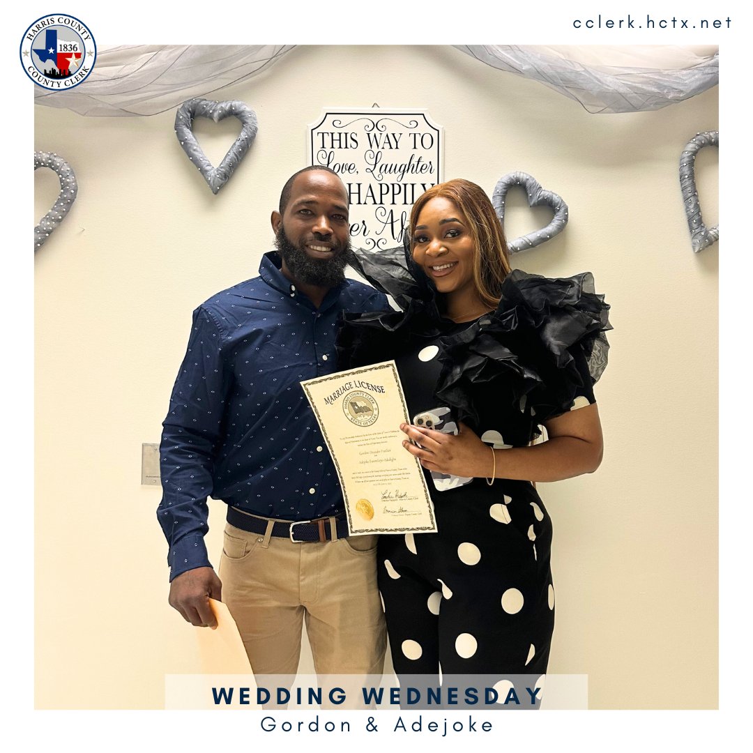 harriscotxclerk's tweet photo. Congratulations to the newlyweds Gordon & Adejoke! Cheers to a #HappilyEverAfter. For more information on marriage licenses go to https://t.co/MNSlyK6iT9. #hcco #houstonwedding #marriagelicense #houstontx #bride #courtwedding #happilyeverafter #weddingbells https://t.co/MZ9cRhAV0n