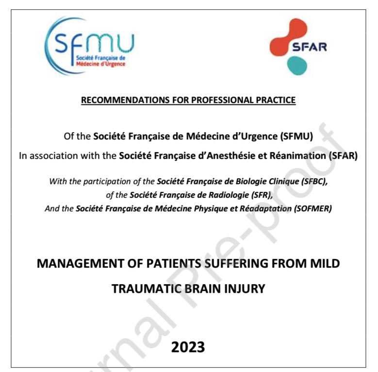 👀 Find the new 🇫🇷 guidelines: MANAGEMENT OF PATIENTS SUFFERING FROM MILD TRAUMATIC BRAIN INJURY 💥🧠 🥼22 experts @SFAR_ORG @SFMU_MS 1) 🚑pre-hospital assessment 2) 🏥emergency room management 3) 🚪emergency room discharge modalities 📚sciencedirect.com/science/articl…
