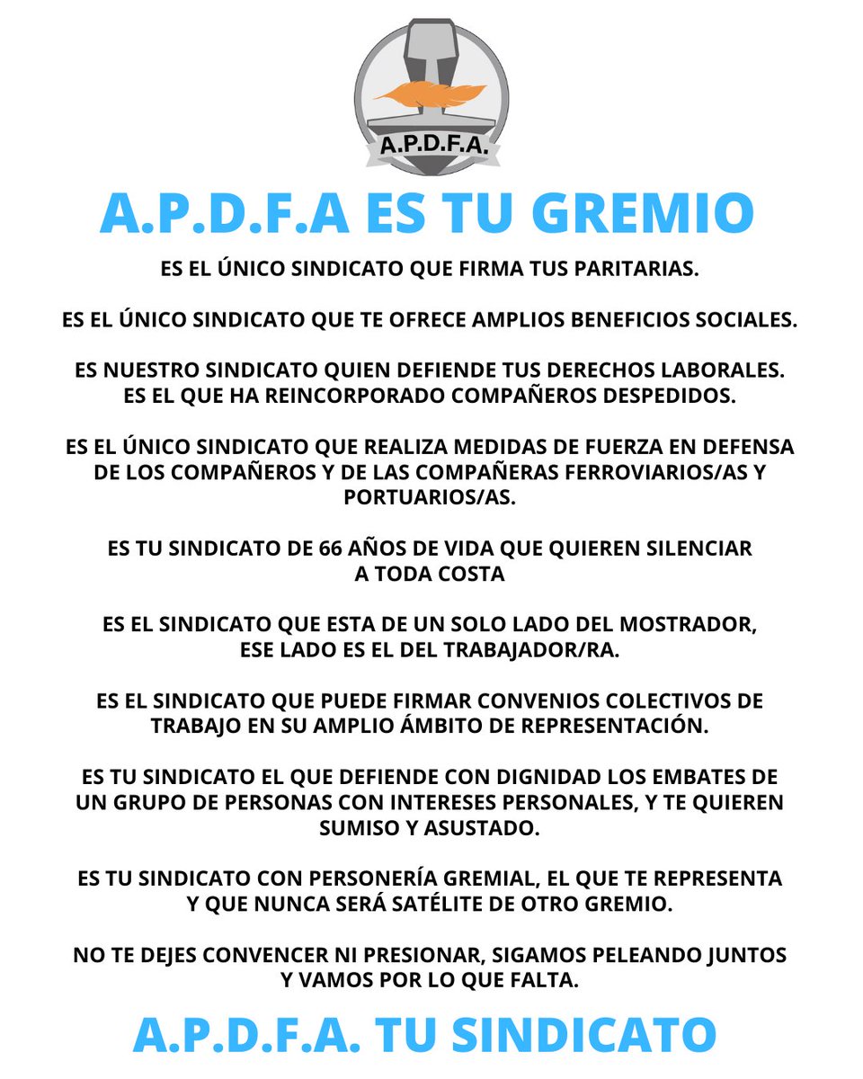 apdfanacional's tweet image. A.P.D.F.A. ES TU GREMIO
A.P.D.F.A. ES TU SINDICATO