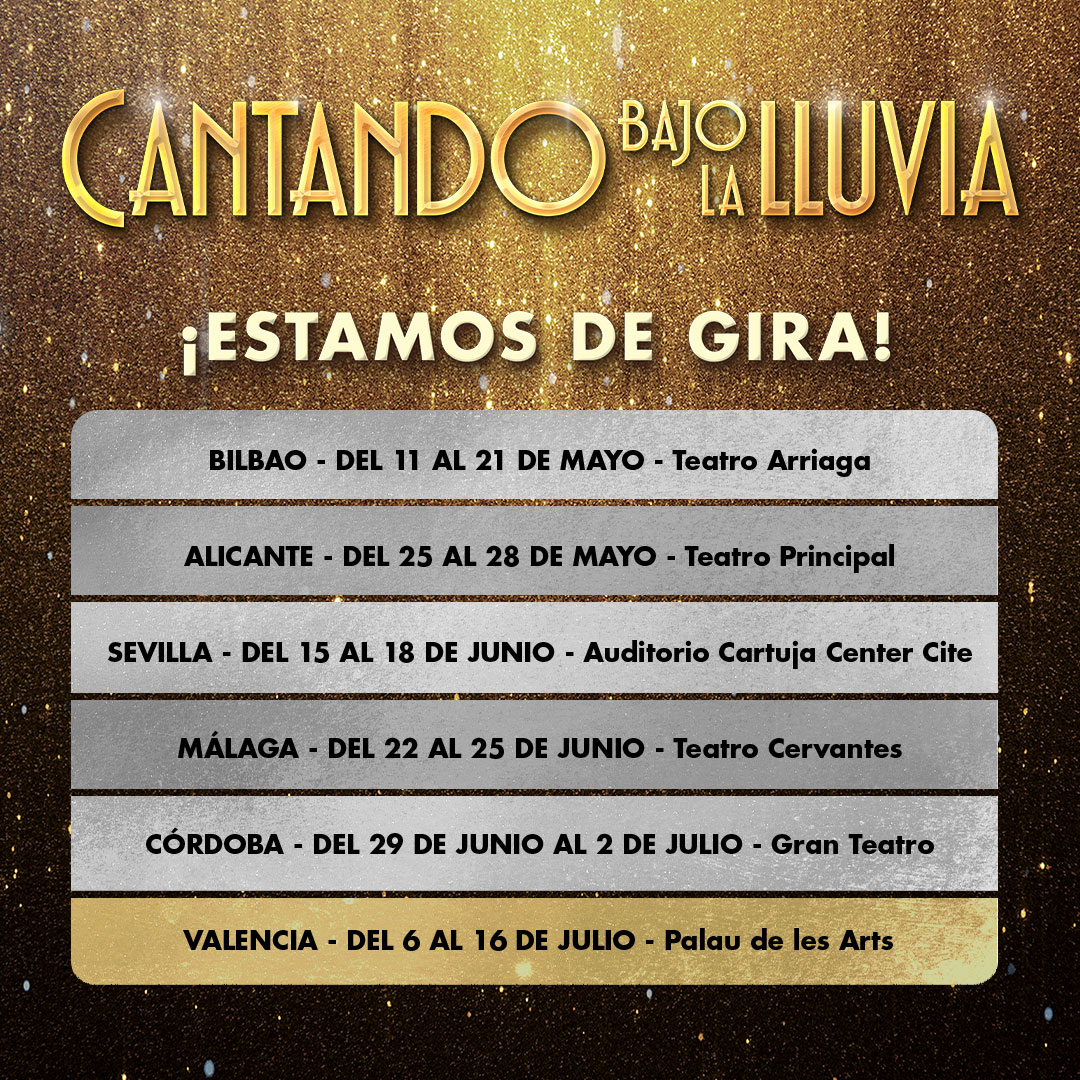 ¡La comedia musical más espectacular de todos los tiempos arranca hoy en Valencia!

Estaremos hasta el 16 de julio en el Palau de <a href="/LesArtsValencia/">Les Arts, València</a> 🌟

¡ÚLTIMA CIUDAD DE LA GIRA DE DESPEDIDA!

#CantandoBajoLaLluvia #CantandoElMusical