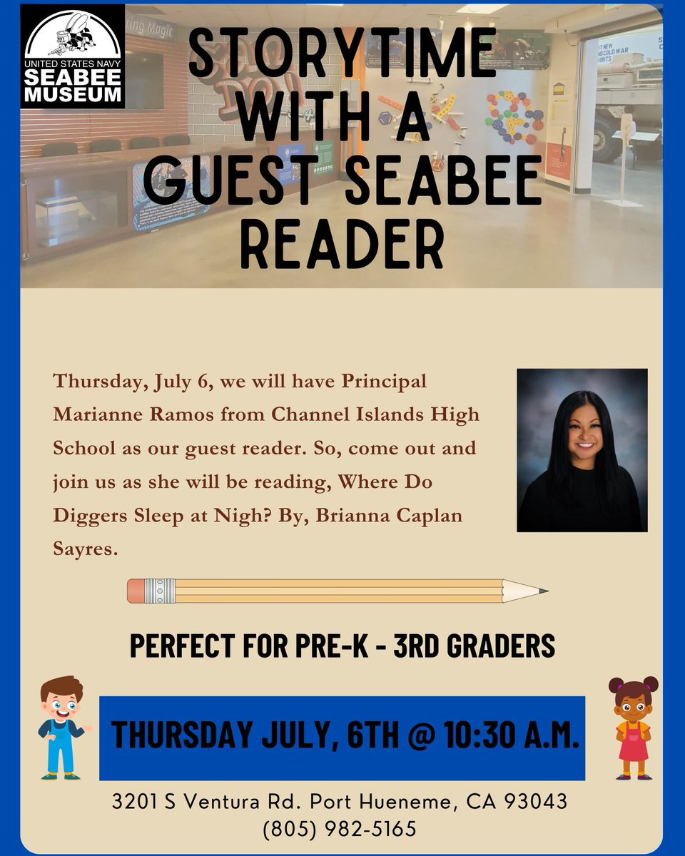 SeabeeMuseum's tweet photo. STORYTIME WITH A GUEST READER!
Principal Marianne Ramos from Channel Islands High School will be joining us tomorrow as our guest reader at 10:30 am in the Bee Fun Zone.
#StoryTime #BFZ #Seabees #CanDo #usnavy #usnsm #oxuhsd #CIHS #Raiders #Oxnard #Camarillo #Ventura https://t.co/VO2vthapmh