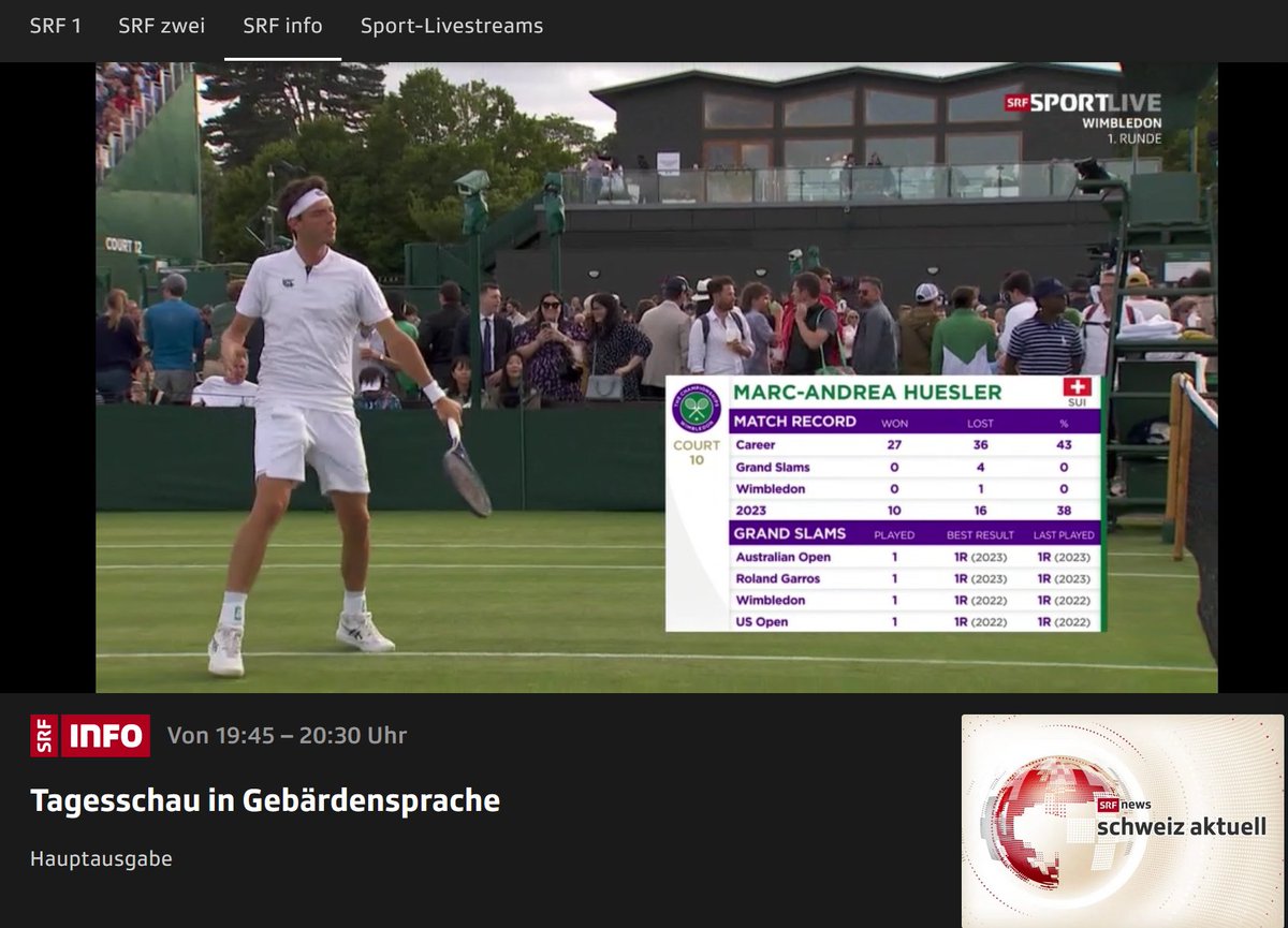 Hallo <a href="/SRF/">SRF</a>, Tagesschau in Gebärdensprache sind nicht pünktlich angezeigt. Tennis Wimbledon fährt sich Live fort. Warum? Die Situation ist für mich sehr unangenehm, weil momentan meisten eingeschränkt! Bitte Barrierefreiheit für die Hörbehindert anbieten. #Gehörlos #Deaf #DSGS